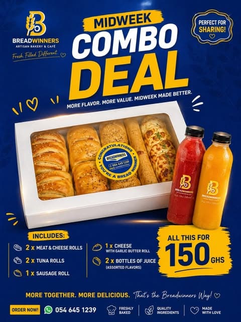 A box of Breadwinners rolls with two bottles of juice